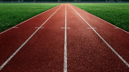 Fototapeta premium A Pristine Red Running Track With White Lane Markers Leads Towards a Distant Horizon Under a Clear Blue Sky