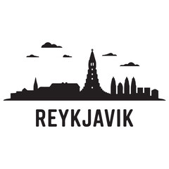 Obraz premium Reykjavik skyline horizontal banner. Reykjavik, Iceland. Vector template for your design. Vector black silhouette. with white background