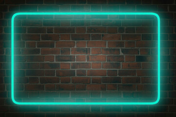 Bright Turquoise Neon Rectangular Frame Glowing on Dark Textured Brick Wall