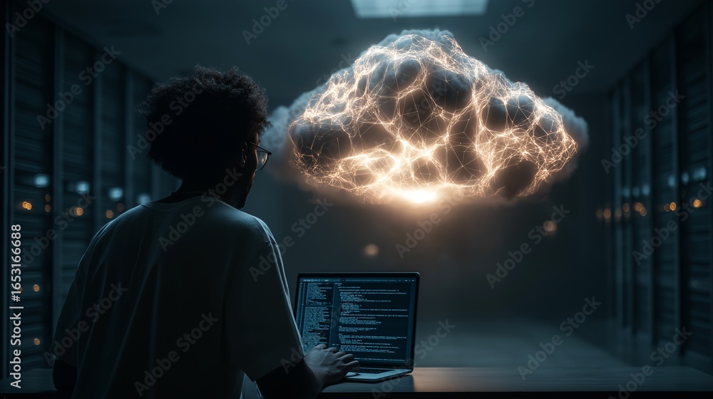 Poster data scientist works in dimly lit server room, analyzing code on laptop with glowing digital cloud n