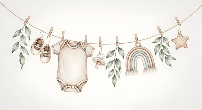 Watercolor baby illustration with clothing and accessories hanging on a clothesline. Onesie, shoes, rattle, pacifier and leaves. Drawing of childish garland for baby shower or newborn invitations