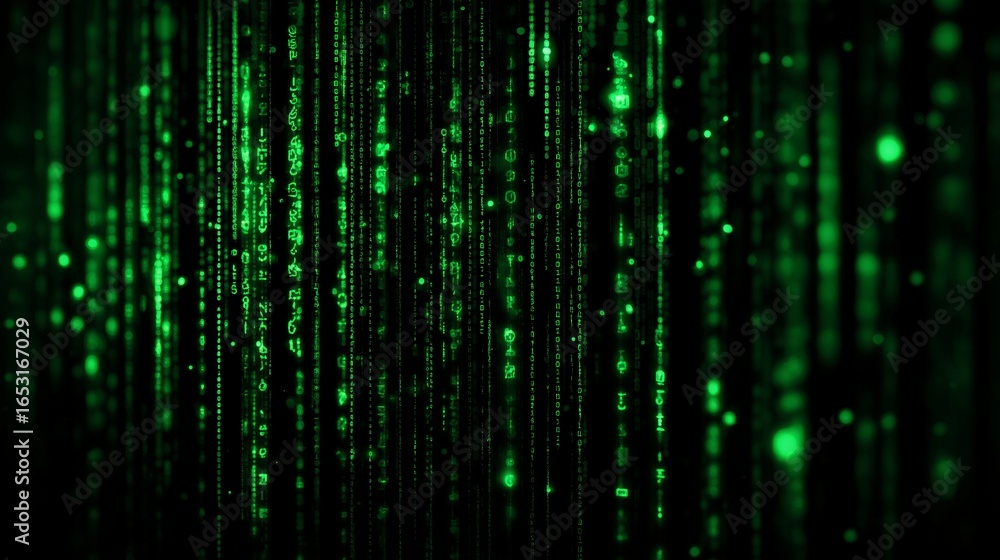Poster green digital code rain, cyberpunk tech background with glowing holographic interface, futuristic ma