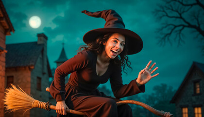 Beautiful young witch laughs sinisterly, witch flies on a broomstick on Halloween.
