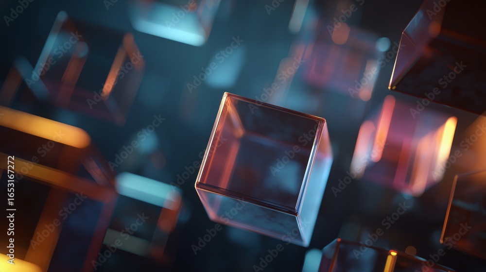 Poster futuristic background with floating transparent geometric shapes, glowing cubes, and abstract 3d ele