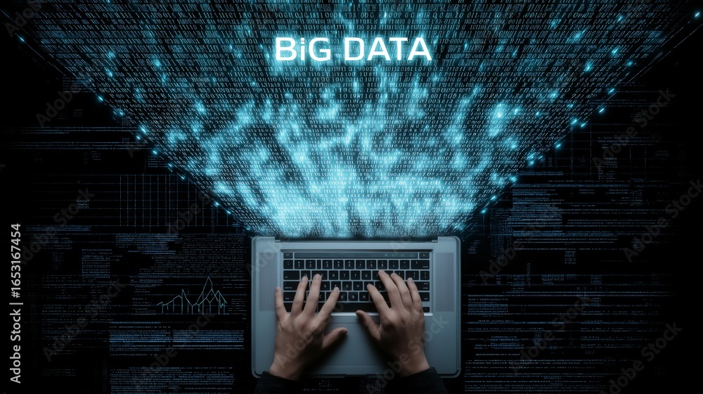 Poster overhead view of hands typing on laptop with digital data stream big data concept technology innovat