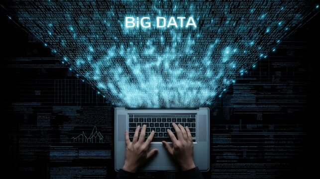 Overhead view of hands typing on laptop with digital data stream big data concept technology innovation futuristic blue light information analysis modern workspace