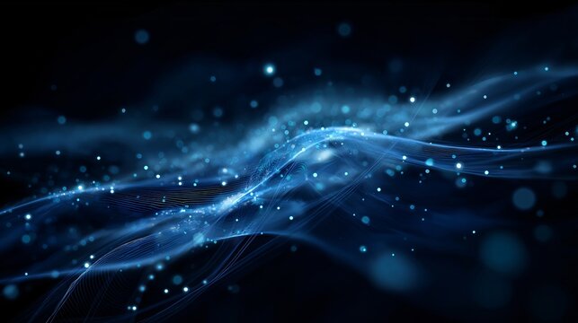 Abstract blue wave, quantum computing inspired background with glowing particle effect, futuristic digital energy flow, dynamic motion, and high tech atmosphere