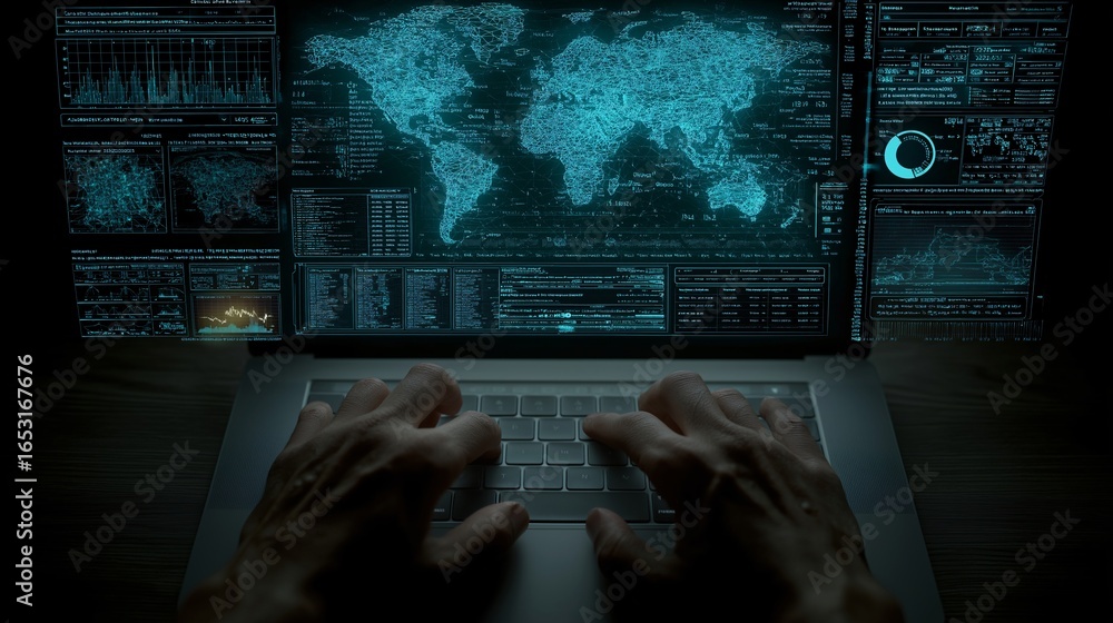 Aufkleber top down aerial view of software developer hands typing on laptop with digital world map interface, 