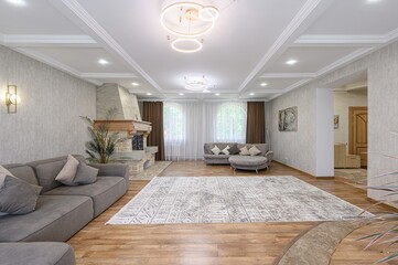 well-lit living room features a gray sofa, fireplace, and a patterned rug.  The design includes...