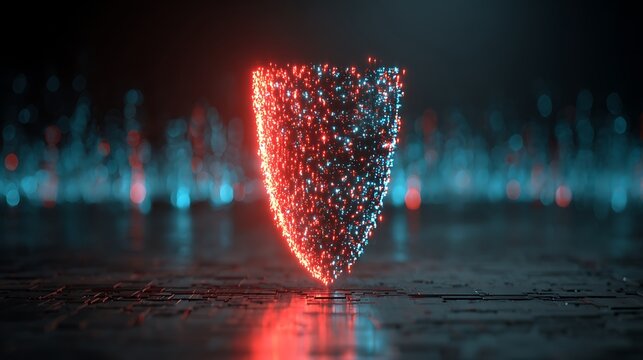 A futuristic, abstract, geometric shape with a red and blue color scheme, floating in a dark, reflective environment with a blurred, bokeh-like background.