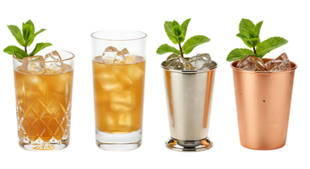 Refreshing summer cocktails with mint garnish served in various glassware Isolated on transparent background