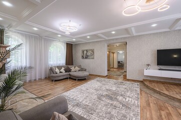 spacious living room features a curved sofa, patterned rug, TV, and stylish lighting fixtures. The room is bright, with large windows and a neutral color palette