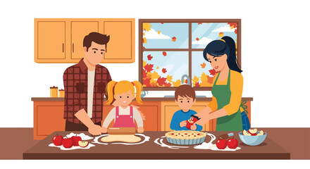 Adobe illustrator artwork vector illustration. A warm family of four bakes an apple pie together in a cozy kitchen during autumn, with fall leaves visible through the window