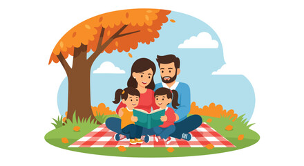 Adobe illustrator artwork vector illustration. A loving family of four enjoys a cozy autumn picnic, reading a book together on a checkered blanket under a vibrant orange tree with falling leaves.