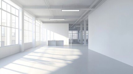 White open-space office interior with a blank wall, desks, and natural lighting.