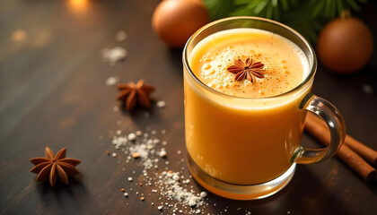 Orange beverage in glass mug with star anise garnish