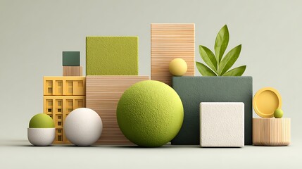 A collection of geometric shapes, including cubes, spheres, and leaves, arranged on a neutral background with a light green and yellow color scheme. 