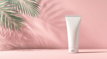A white lotion tube on a pastel pink background with soft palm leaves. The tube has a smooth, clean texture, standing upright and centered. . mockup