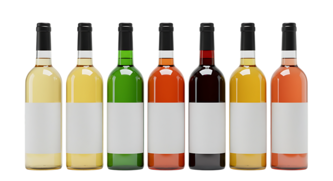 Wine bottles displaying a variety of colors Isolated on transparent background