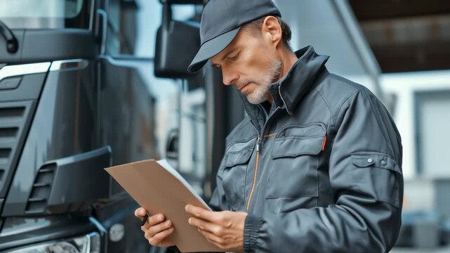 Driver in a black uniform and cap stands next to a truck, taking notes on a clipboard, focused on work and checking documents.