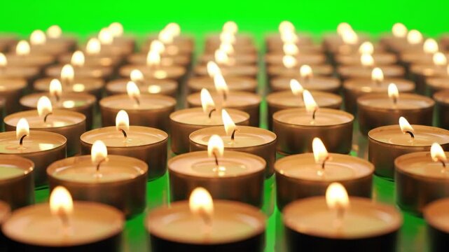 Glowing tea lights illuminate a reflective surface