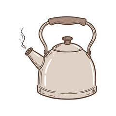 Vintage metal teapot with steam and wooden handle drawing in brown and cream. Vector illustration