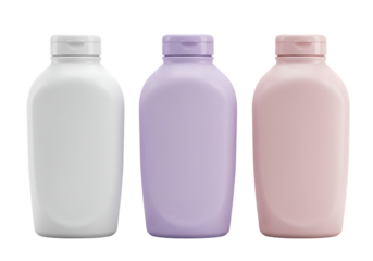 Three pastel colored cosmetic bottles Isolated on transparent background for product display