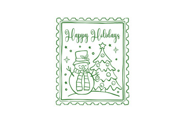 Happy Holidays Postage Stamp – Green Christmas Tree and Snowman Illustration Design