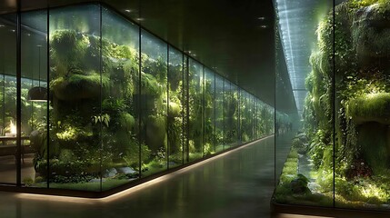 A futuristic, glass-walled indoor garden with lush greenery and a sleek, modern design, featuring a walkway and a large, illuminated display of plants.