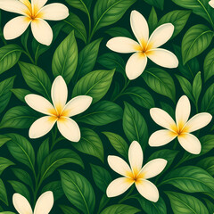 Fototapeta premium A vibrant seamless pattern of exotic white and yellow plumeria flowers nestled among lush, dark green tropical leaves.