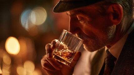 close-up of a man taking a second sip from a whisky glass in elegant lighting 