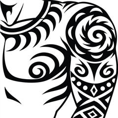 Fototapeta premium Upper Body with Tribal Style Tattoo Art, Intricate Geometric Pattern Design, White Background