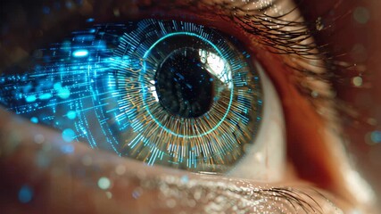 Blue digital eye with binary circuit board future technology, pupil close-up - Powered by Adobe