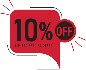 10% off discount label design in red. Limited special offer banner for sale, promo or marketing use.