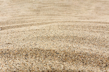 Close up of Fine Beach Sand Texture with Natural Ripples. Summer Vacation Background, Coastal Nature, Relaxation, Zen Garden, Abstract Grainy Surface for Travel, Spa, and Wellness Concepts
