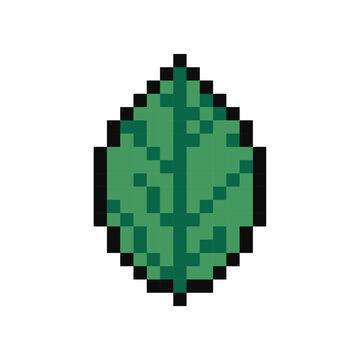 Pixel leaf icon, Retro 8-bit green leaf icon, Pixelated nature symbol, Game-style foliage graphic, Pixel art plant element, Vintage digital leaf sprite, Pixel art.
