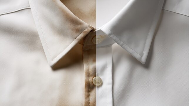 Close-up of a white shirt split vertically in half. On the left side, the shirt is stained with visible dirt or stain, while the right side is perfectly clean and immaculate. 