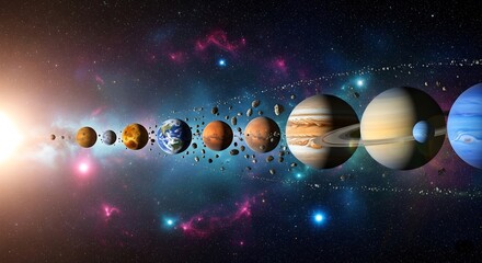 Fototapeta premium Vibrant Solar System with Planets and Sun, Cosmic Nebula Background Illustration