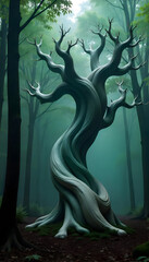 Twisted Tree in a Green Misty Forest Scene with Dense Foliage and a Mystical Atmosphere