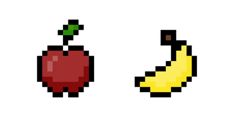 Fruit icons, Pixel art of red apple and yellow banana, Retro Food Symbols, Digital Fruit Graphics, Colorful Pixelated Snack Icons Illustration in 8 bit Style, Pixel art.

