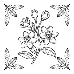 Elegant Floral Illustration with Blossoms Buds and Leaves Perfect for Coloring Books and Decorative Design Projects