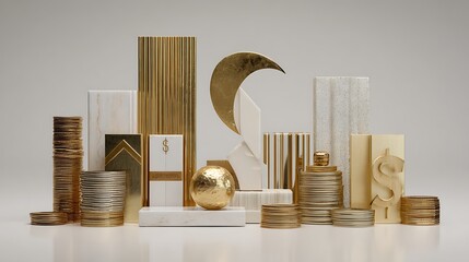 A collection of gold and white geometric shapes and objects arranged on a white background with a crescent moon and dollar sign.
