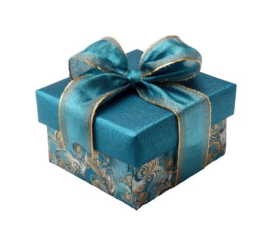 Elegant blue gift box with ribbon bow and ornate gold design isolated on transparent background, png