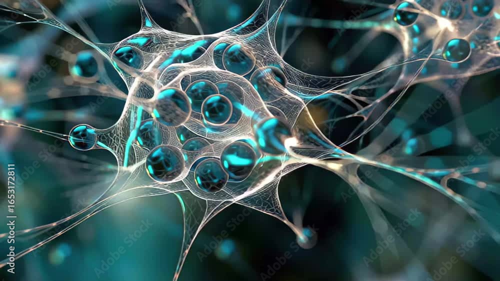 Poster exploring the intricate structure of neurons with glowing synapses in a mesmerizing scientific visua