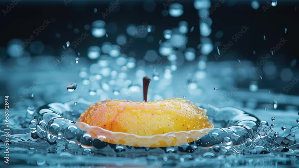 Poster ripe yellow apple splashes into water creating droplets in a refreshing scene