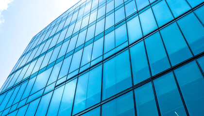 Modern Glass Skyscraper Facade: Blue Tinted Windows, Architectural Detail, Upward Angle, Corporate Success, Clean Lines, Professional Business Image, Contemporary Design.