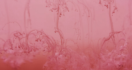 Smoke stream. Pigment blend. Pink ink drops spill in color defocused cloud water. Steam splash...