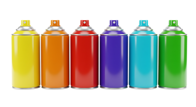 Array of brightly colored spray paint cans Isolated on transparent background