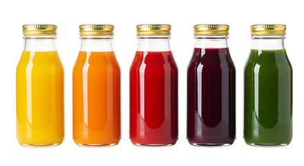 Assortment of fresh fruit juices in glass bottles with golden lids Isolated on transparent background