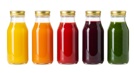 Assortment of fresh fruit juices in glass bottles with golden lids Isolated on transparent background